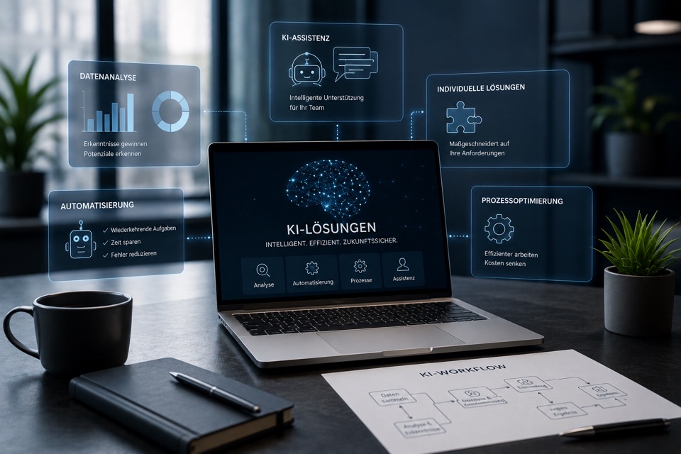 Arbeitsplatz mit KI-Lösungen für Analyse, Assistenz, Automatisierung und Prozessoptimierung