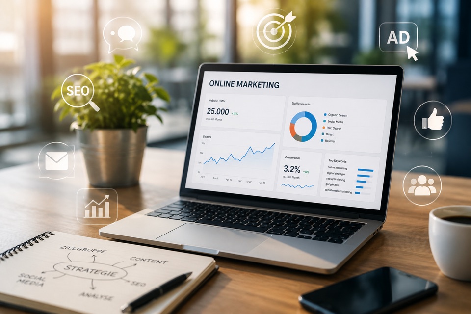 Arbeitsplatz mit Online-Marketing-Dashboard und Symbolen für SEO, Zielgruppe und Werbung