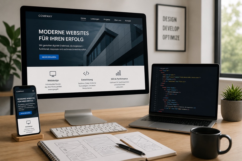 Webdesign-Arbeitsplatz mit responsiver Website auf Desktop und Smartphone, Quellcode und Wireframes